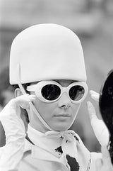 Audrey Hepburn in a white felt helmet and Oliver Goldsmith sunglasses for her role in William Wyler's 1966 comedy caper "How To Steal A Million", Paris, France