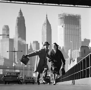 Robin Miller and Pippa Diggle photographed on the South Street Vidaduct beneath Manhatten Bridge. Go Magazine, 1960