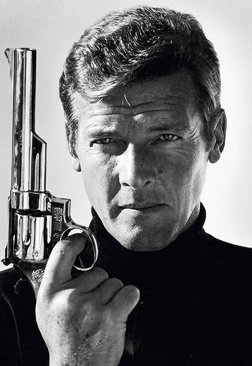 Roger Moore poses as James Bond, late 1970